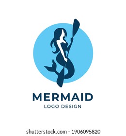 Mermaid holding a paddle, logo design template. For kayaking, canoeing etc. Vector illustration.