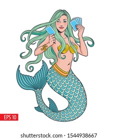 Mermaid Holding Playing Cards, Vector Illustration.