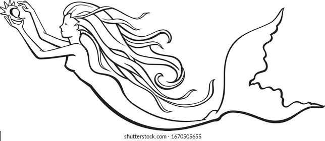 Mermaid Holding Sea Shell, Line Art Illustration