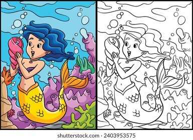 Mermaid Holding Spiral Shell Coloring Illustration