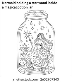 Uma sereia segurando uma varinha estelar dentro de um frasco de poção mágica cheio de redemoinhos, brilhos e pedras preciosas flutuantes - um design de fantasia e beleza.