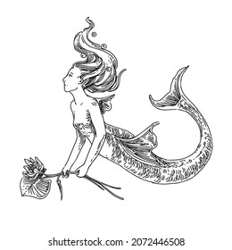 Mermaid holding a water lily in her hands. Sketch. Engraving style. Vector illustration.
