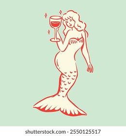 A mermaid holding a wine glass in a retro-inspired style, combining fantasy and vintage elegance.