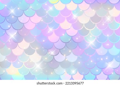 Fondo holográfico de sirena con escala y estrellas. Patrón de cola de pez brillante irlandés. Textura vectorial kawaii