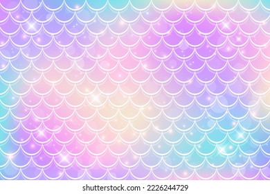 Mermaid holographic background with scale and stars. Iridescent glitter fish tail pattern. Kawaii vector texture