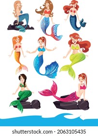 mermaid icons collection cute young girls sketch