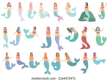 Mermaid icons set cartoon