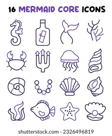 Mermaid icons set. Magical undersea world, seashell, starfish, corals and seaweed. Underwater fairy marine elements and ocean creatures. Flat vector illustration