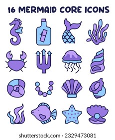 Mermaid icons set. Magical undersea world, seashell, starfish, corals and seaweed. Underwater fairy marine elements and ocean creatures. Flat vector illustration