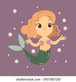 Mermaid illustration. Cute princess mermaid, print for kids. Marine life