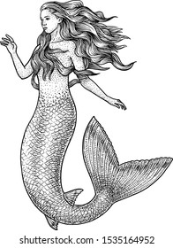 Mermaid Illustration, Drawing, Engraving, Ink, Line Art, Vector