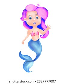 mermaid illustration with pink hair and blue fish tail