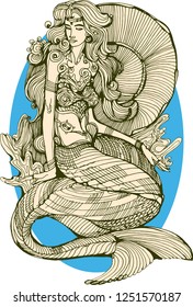 Mermaid. Ink hand drawing. Vector illustration. Tattoo design.
