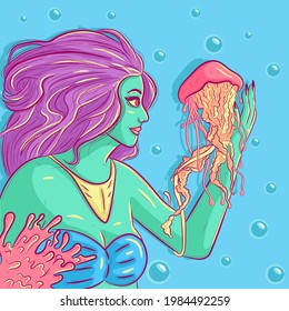 Mermaid interacting and touching a jellyfish. Alien woman with green skin swimming under water. Marine and ocean life conceptual art with corals and bubbles. Fish touching girl with tentacle.