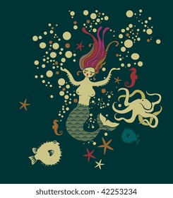 Mermaid into the ocean with fishes and octopus
