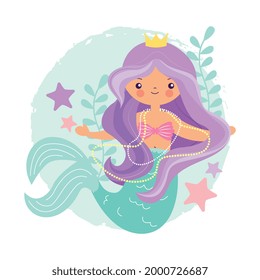 mermaid into sea bottom between starfish and seaweed cartoon. vector illustration