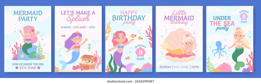 Mermaid invitation cards. Girly style party invites with cute playful mermaids and underwater elements. Birthday, shower, racy vector templates