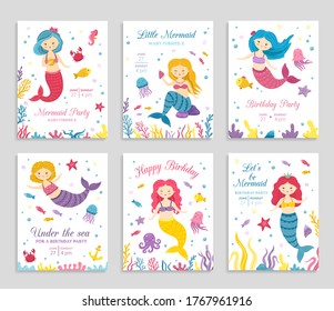 Mermaid invite cards. Birthday poster, kids party invitation. Cute ocean princess and animals flyers. Amazing sea festive vector banners