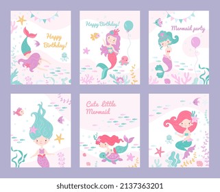 Mermaid invite cards. Children invitation, birthday party or postcards posters with mermaids and fish. Underwater tale characters on nowaday vector baby banners