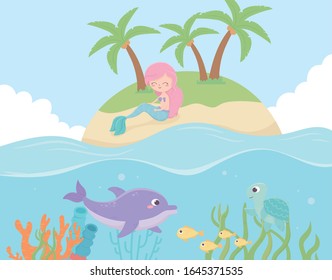 mermaid in island dolphin fishes reef cartoon under the sea vector illustration