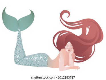 Mermaid isolated with long mane lying with her face resting on one hand