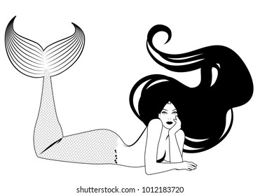 Mermaid isolated with long mane lying with her face resting on one hand