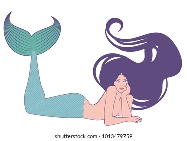 Mermaid isolated with long mane lying with her face resting on one hand