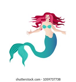 Mermaid isolated on white background. Vector illustration. Cutout object. Fantastic creature. Green tail and red hair.