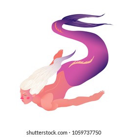 Mermaid isolated on white background. Vector illustration. Cutout object. Fantastic creature. Violet tail and blonde hair.