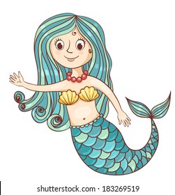 Mermaid isolated on white. Vector cartoon illustration.