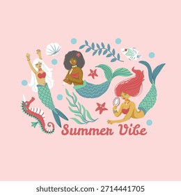 Conjunto de Ilustración vectorial aislada de sirena con Elementos del océano, personajes juguetones