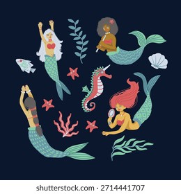 Conjunto de Ilustración vectorial aislada de sirena con Elementos del océano, personajes juguetones