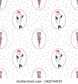 Mermaid in jacquard pullover with coral deer horns Seal in Santa hat in garland frame decorative Xmas repeatable print. Dotty background. Underwater Christmas seamless vector pattern. Seasonal winter