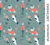 Mermaid in jacquard pullover Walrus in sweater Seal in Santa hat Seaweed Coral Starfish decorative Xmas repeatable print. Underwater Christmas seamless vector pattern. Seasonal holidays wrapping paper