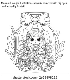 Sereia em uma ilustração de jarra — personagem kawaii com olhos grandes e um rabo de peixe brilhante