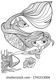 mermaid with jellyfish and fish coloring book outline graphics vector page sketch illustration isolate on white background girl page