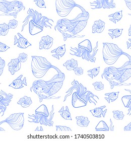 mermaid jellyfish fish seamless pattern graphics outline background children illustration vector wallpaper