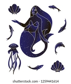 Mermaid, jellyfish, fish and shells. Marine creature set. Vector line sea animal illustration, night sky color silhouette isolated on white background.