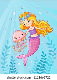 Mermaid with a jellyfish under water. Vector illustration of a cartoon style on a children's theme. Picture with the sea.