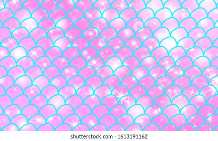 Mermaid kawaii pattern. Fish scale. Watercolor holographic stars. Color vector illustration. Rainbow background.