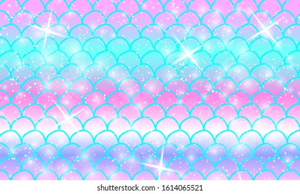 Mermaid kawaii pattern. Fish scale. Watercolor holographic stars. Color vector illustration. Rainbow background.