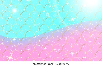 Mermaid kawaii pattern. Fish scale. Watercolor holographic stars. Color vector illustration. Rainbow background.