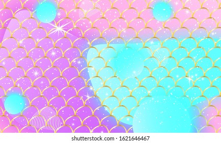 Mermaid kawaii pattern. Fish scale. Watercolor holographic stars. Color vector illustration. Rainbow background.