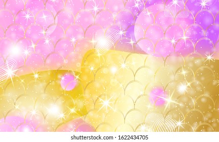 Mermaid kawaii pattern. Fish scale. Watercolor holographic stars. Color vector illustration. Rainbow background.