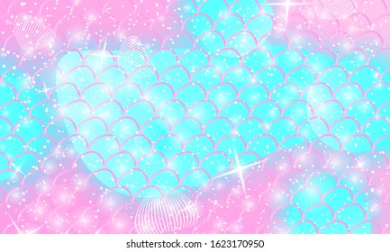 Mermaid kawaii pattern. Fish scale. Watercolor holographic stars. Color vector illustration. Rainbow background.