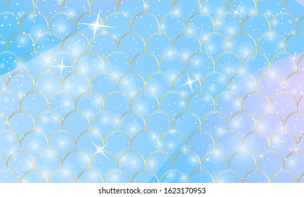 Mermaid kawaii pattern. Fish scale. Watercolor holographic stars. Color vector illustration. Rainbow background.