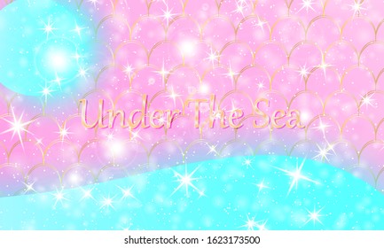 Mermaid kawaii pattern. Fish scale. Watercolor holographic stars. Color vector illustration. Rainbow background.