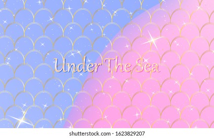 Mermaid kawaii pattern. Fish scale. Watercolor holographic stars. Color vector illustration. Rainbow background.