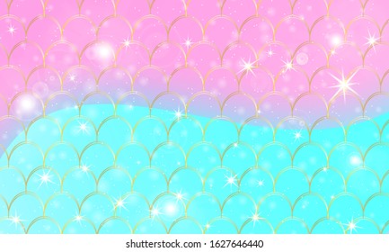 Mermaid kawaii pattern. Fish scale. Watercolor holographic stars. Color vector illustration. Rainbow background.