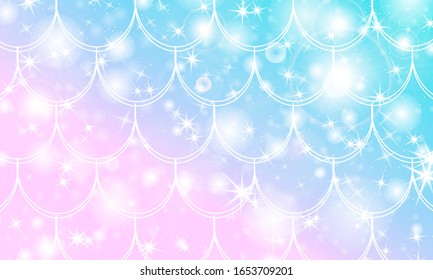 Mermaid kawaii pattern. Fish scale. Watercolor holographic stars. Color vector illustration. Rainbow background.